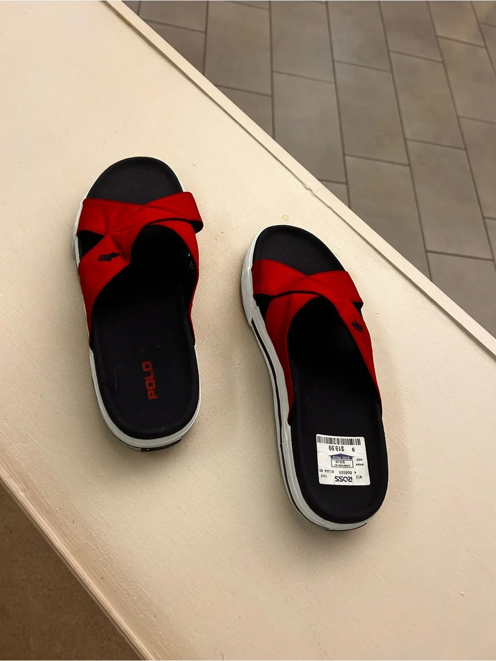 Polo by Ralph Lauren Red Cross-Strap Black Footbed White Sole Slide Sandals 11 B